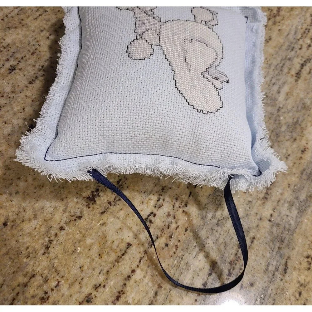 Toy Poodle Needlepoint Cross Stitch Mini Pillow Door Knob Hanger Blue Fur Baby
